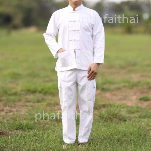 10006 กางเกงผ้าฝ้ายขายาวสีขาว แบบเอวยืด มีเชือกผูก