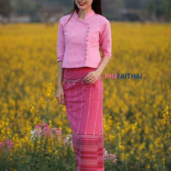 50302 เสื้อผ้าฝ้ายพื้นเมืองผู้หญิง เนื้อชินมัยอัดกาว "วิสาระดี" สีชมพู