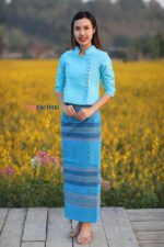 50306 เสื้อผ้าฝ้ายพื้นเมืองผู้หญิง เนื้อชินมัยอัดกาว "วิสาระดี" สีฟ้า - Image 2