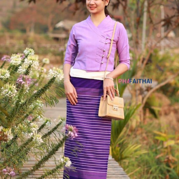 เสื้อผ้าฝ้ายผู้หญิง เนื้อชินมัย "กรองทอง" สีม่วง