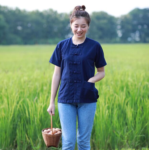 เสื้อม่อฮ่อม คอกลม กระดุมจีน แขนสั้น