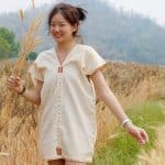 60002 เดรสผ้าฝ้าย ปักด้น สีครีม