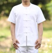 10001 เสื้อผ้าฝ้ายชายสีขาว คอกลม กระดุมจีน แขนสั้น