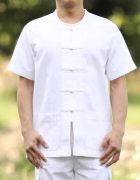 10001 เสื้อผ้าฝ้ายชายสีขาว คอกลม กระดุมจีน แขนสั้น