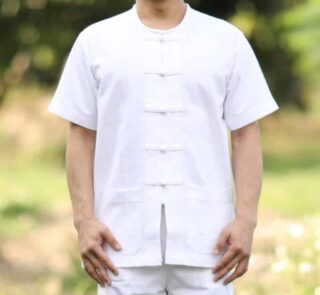 10001 เสื้อผ้าฝ้ายชายสีขาว คอกลม กระดุมจีน แขนสั้น
