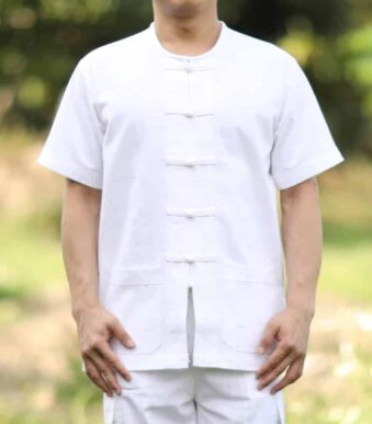 10001 เสื้อผ้าฝ้ายชายสีขาว คอกลม กระดุมจีน แขนสั้น