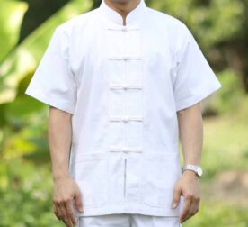 10002 เสื้อผ้าฝ้ายชายสีขาว คอจีน กระดุมจีน แขนสั้น