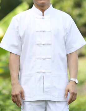 10002 เสื้อผ้าฝ้ายชายสีขาว คอจีน กระดุมจีน แขนสั้น
