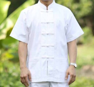 10002 เสื้อผ้าฝ้ายชายสีขาว คอจีน กระดุมจีน แขนสั้น