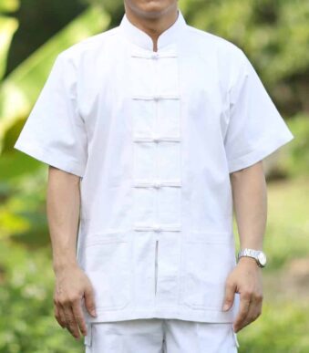 10002 เสื้อผ้าฝ้ายชายสีขาว คอจีน กระดุมจีน แขนสั้น
