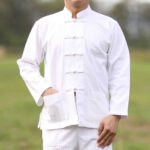 10004 เสื้อผ้าฝ้ายชายสีขาว คอจีน กระดุมจีน แขนยาว