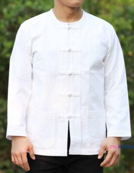 10003 เสื้อผ้าฝ้ายชายสีขาว คอกลม กระดุมจีน แขนยาว