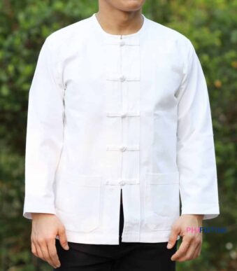 10003 เสื้อผ้าฝ้ายชายสีขาว คอกลม กระดุมจีน แขนยาว