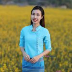 50306 เสื้อผ้าฝ้ายพื้นเมืองผู้หญิง เนื้อชินมัยอัดกาว "วิสาระดี" สีฟ้า