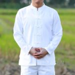 เสื้อผ้าฝ้ายผู้ชาย เนื้อดี คอจีนกระดุมจีน แขนยาว สีขาว