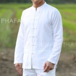 11124 เสื้อผ้าฝ้ายผู้ชาย เนื้อดี คอจีนกระดุมจีน แขนยาว สีขาว - Image 2