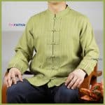 เสื้อผ้าฝ้ายผู้ชาย เนื้อดี คอจีนกระดุมจีน แขนยาว สีเขียว