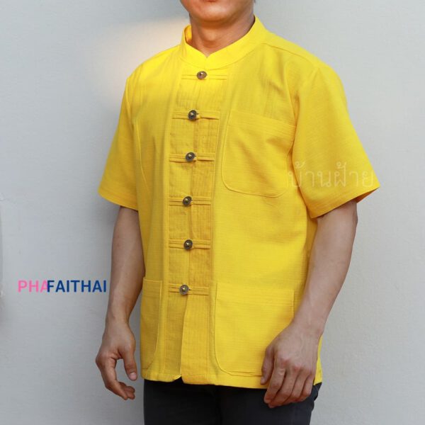 41001 เสื้อผ้าฝ้ายชายสีเหลือง เนื้อผ้าชินมัย “ตองชัย” แขนสั้น
