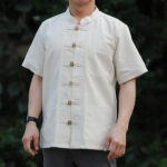 41001 เสื้อผ้าฝ้ายชายสีธรรมชาติ เนื้อผ้าชินมัย ตองชัย กระดุมเหรียญ แขนสั้น