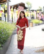 เสื้อผ้าฝ้ายผู้หญิง ทรงคอป้าย เนื้อชินมัย "กรองทอง" สีแดง